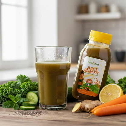 Juice Slim Fit versé dans un verre, mise en situation appétissante